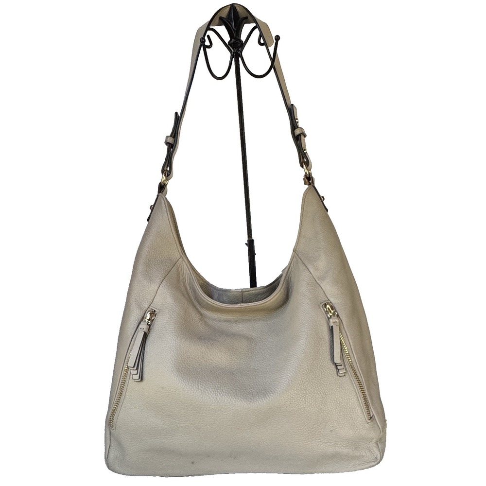 ORA DELPHNE Elle Hobo Beige Large Shoulder Bag Pebbled 2 Front Zip Pockets